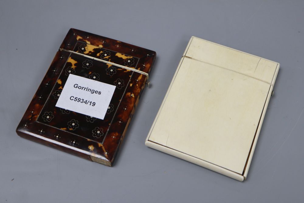 A mid to late 19th century ivory card case and a similar tortoiseshell card case